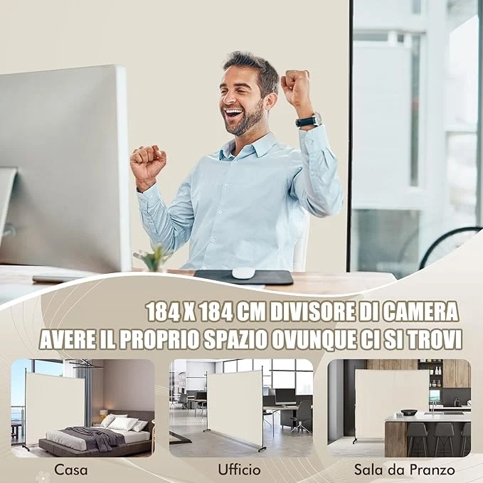 Separé Divisorio Singolo 184 x 184 CM, Paravento da Interno ed Esterno con Ruote Bloccabili, Pannello Divisorio per Ambienti Interni Portatile da Soggiorno Camera da Letto e Ufficio (Bianco)