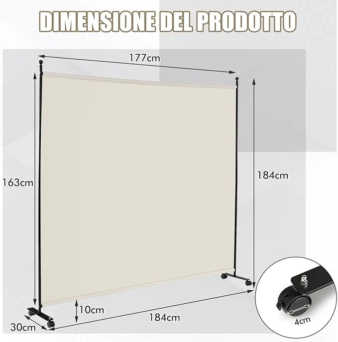 Separé Divisorio Singolo 184 x 184 CM, Paravento da Interno ed Esterno con Ruote Bloccabili, Pannello Divisorio per Ambienti Interni Portatile da Soggiorno Camera da Letto e Ufficio (Bianco)