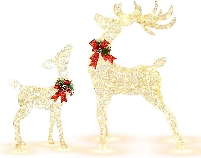 Slitta e Renne Luminose con LED, Luci Natalizie a Forma di Renna da Esterno Interno, Decorazione per Giardino con 50 Luci LED e 4 Picchetti, per Giardino, Prato, Feste