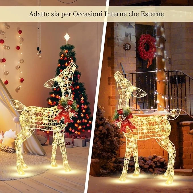 Slitta e Renne Luminose con LED, Luci Natalizie a Forma di Renna da Esterno Interno, Decorazione per Giardino con 50 Luci LED e 4 Picchetti, per Giardino, Prato, Feste