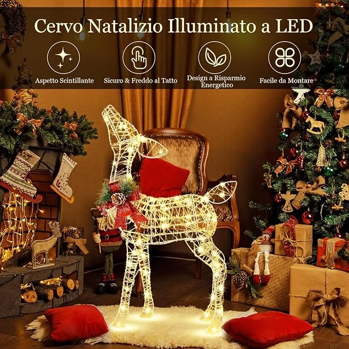 Slitta e Renne Luminose con LED, Luci Natalizie a Forma di Renna da Esterno Interno, Decorazione per Giardino con 50 Luci LED e 4 Picchetti, per Giardino, Prato, Feste