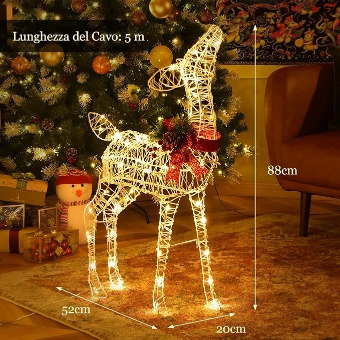 Slitta e Renne Luminose con LED, Luci Natalizie a Forma di Renna da Esterno Interno, Decorazione per Giardino con 50 Luci LED e 4 Picchetti, per Giardino, Prato, Feste