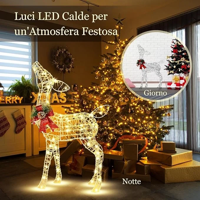 Slitta e Renne Luminose con LED, Luci Natalizie a Forma di Renna da Esterno Interno, Decorazione per Giardino con 50 Luci LED e 4 Picchetti, per Giardino, Prato, Feste