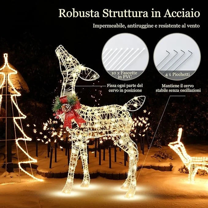 Slitta e Renne Luminose con LED, Luci Natalizie a Forma di Renna da Esterno Interno, Decorazione per Giardino con 50 Luci LED e 4 Picchetti, per Giardino, Prato, Feste