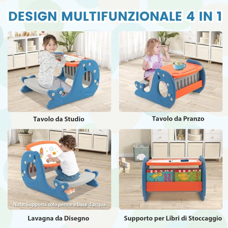 Set Tavolo attività Convertibile per Bambini, Cavalletto Multifunzionale Regolabile con Lavagna Cancellabile a Forma di Balena, Tavolo da Disegno con Panchina, 1 + Anni