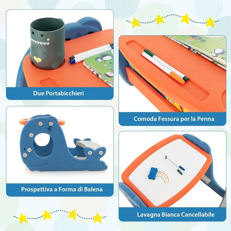 Set Tavolo attività Convertibile per Bambini, Cavalletto Multifunzionale Regolabile con Lavagna Cancellabile a Forma di Balena, Tavolo da Disegno con Panchina, 1 + Anni