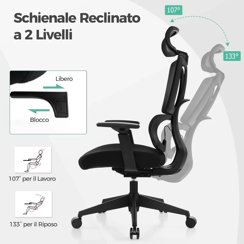 Sedia da Ufficio Ergonomica, Sedia da Scrivania Regolabile e Inclinabile, Sedia Girevole in Rete Traspirante, con Poggiatesta e Braccioli Regolabili, 72 x 72 x 117-126,5 cm