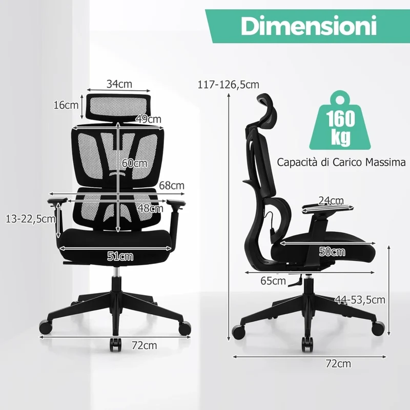 Sedia da Ufficio Ergonomica, Sedia da Scrivania Regolabile e Inclinabile, Sedia Girevole in Rete Traspirante, con Poggiatesta e Braccioli Regolabili, 72 x 72 x 117-126,5 cm