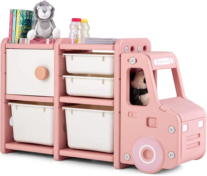 Organizer per Giocattoli con Scatole per Bambini, Scaffale Multilivello in HDPE a Forma di Camion, Scaffale per Giocattoli con 2 Livelli e 4 Scompartimenti per Bambini (Rosa)