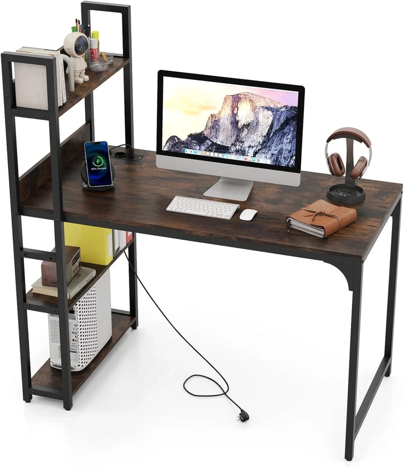 Scrivania con Libreria, 2 Prese di Corrente, 2 Porte USB Tipo-A e Tipo-C, Scrivania da Ufficio con 4 Ripiani, Scrivania per PC Salvaspazio, per Studio e Cameretta, 120 x 65 x 130 cm (Marrone)