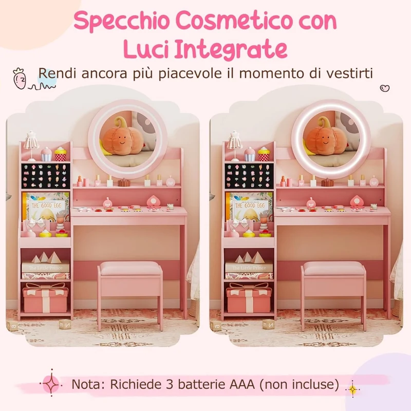 Toeletta Trucco per Bambina con Sgabello, Set Tavolo Trucco in Legno con Specchio Luci LED, Scaffale Aperta, Spazi per Annelli e Sgabello Imbottito, Mobile da Principessa per 3+ Anni (Rosa)