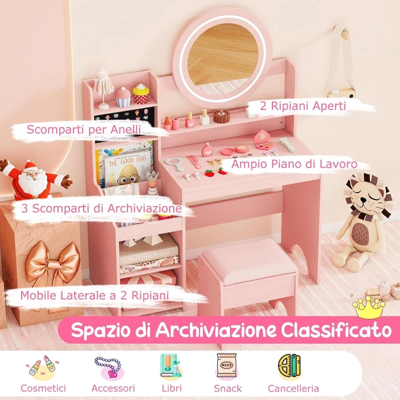 Toeletta Trucco per Bambina con Sgabello, Set Tavolo Trucco in Legno con Specchio Luci LED, Scaffale Aperta, Spazi per Annelli e Sgabello Imbottito, Mobile da Principessa per 3+ Anni (Rosa)