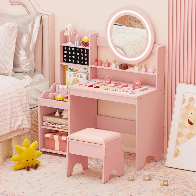 Toeletta Trucco per Bambina con Sgabello, Set Tavolo Trucco in Legno con Specchio Luci LED, Scaffale Aperta, Spazi per Annelli e Sgabello Imbottito, Mobile da Principessa per 3+ Anni (Rosa)