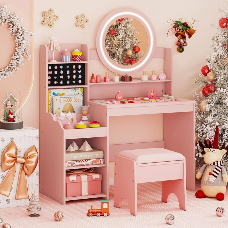 Toeletta Trucco per Bambina con Sgabello, Set Tavolo Trucco in Legno con Specchio Luci LED, Scaffale Aperta, Spazi per Annelli e Sgabello Imbottito, Mobile da Principessa per 3+ Anni (Rosa)