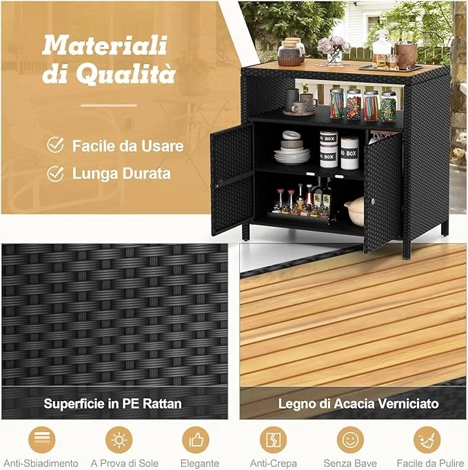 Armadietto Portaoggetti in Rattan, Mobile Buffet per Esterni in Legno di Acacia, Con Compartimento Aperto e Armadio Chiuso a 2 Ante, per Piscina, Terrazza e Patio, 90 x 53 x 86 cm (Nero)