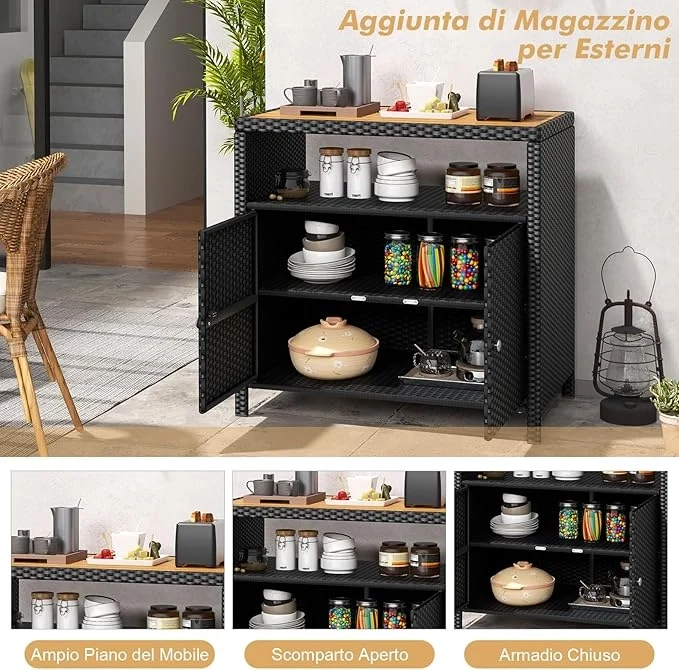 Armadietto Portaoggetti in Rattan, Mobile Buffet per Esterni in Legno di Acacia, Con Compartimento Aperto e Armadio Chiuso a 2 Ante, per Piscina, Terrazza e Patio, 90 x 53 x 86 cm (Nero)