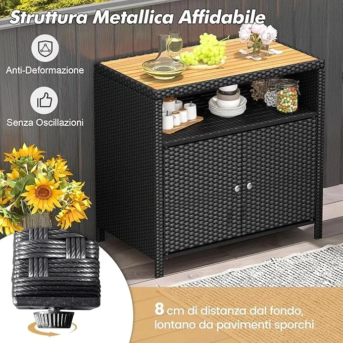 Armadietto Portaoggetti in Rattan, Mobile Buffet per Esterni in Legno di Acacia, Con Compartimento Aperto e Armadio Chiuso a 2 Ante, per Piscina, Terrazza e Patio, 90 x 53 x 86 cm (Nero)