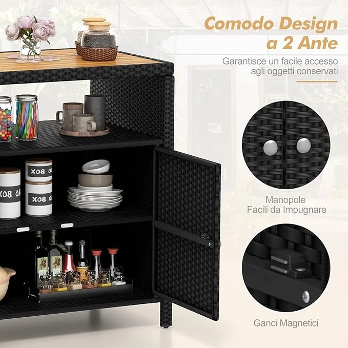 Armadietto Portaoggetti in Rattan, Mobile Buffet per Esterni in Legno di Acacia, Con Compartimento Aperto e Armadio Chiuso a 2 Ante, per Piscina, Terrazza e Patio, 90 x 53 x 86 cm (Nero)