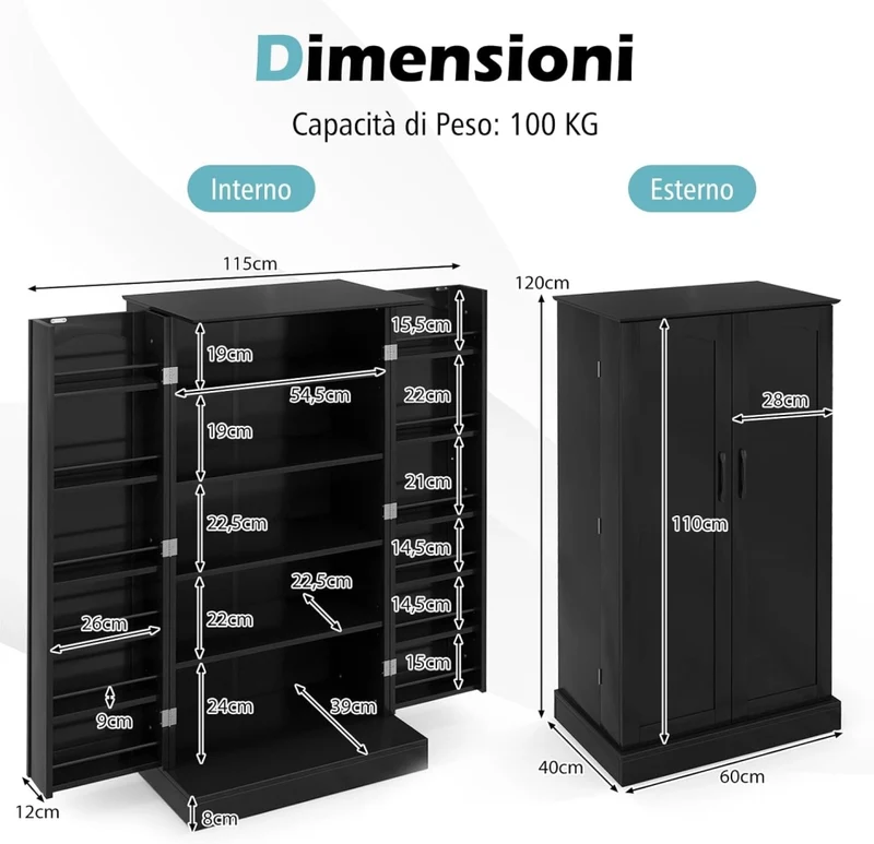 Credenza da Cucina, Mobile da Cucina Moderno con 6 Ripiani Regolabili, per Cucina, Sala da Pranzo e Soggiorno, 60 x 40 x 120 cm (Nero)