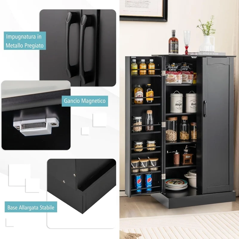 Credenza da Cucina, Mobile da Cucina Moderno con 6 Ripiani Regolabili, per Cucina, Sala da Pranzo e Soggiorno, 60 x 40 x 120 cm (Nero)