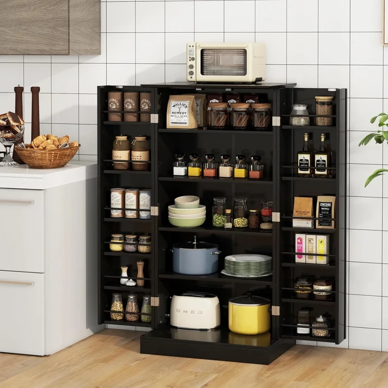 Credenza da Cucina, Mobile da Cucina Moderno con 6 Ripiani Regolabili, per Cucina, Sala da Pranzo e Soggiorno, 60 x 40 x 120 cm (Nero)