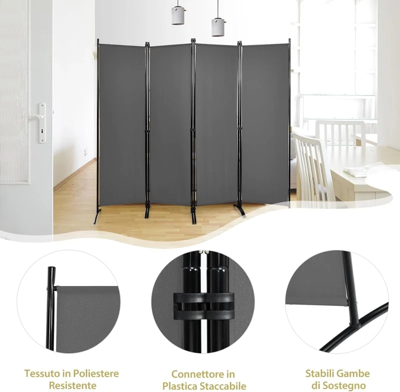 Paravento da Interno in Metallo, Separé Divisorio Interno Pieghevole con Piedini Stabili, Pannelli Divisori per Interni per Casa e Ufficio (Grigio, 220 x 173 cm (4 Pannelli))