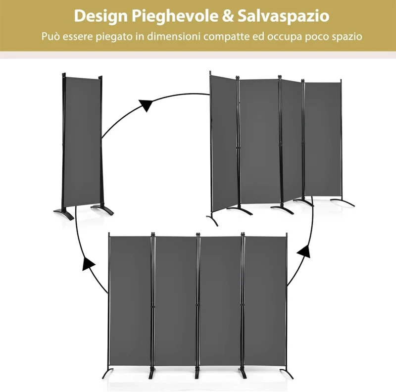 Paravento da Interno in Metallo, Separé Divisorio Interno Pieghevole con Piedini Stabili, Pannelli Divisori per Interni per Casa e Ufficio (Grigio, 220 x 173 cm (4 Pannelli))