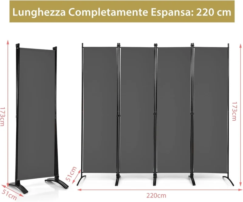 Paravento da Interno in Metallo, Separé Divisorio Interno Pieghevole con Piedini Stabili, Pannelli Divisori per Interni per Casa e Ufficio (Grigio, 220 x 173 cm (4 Pannelli))