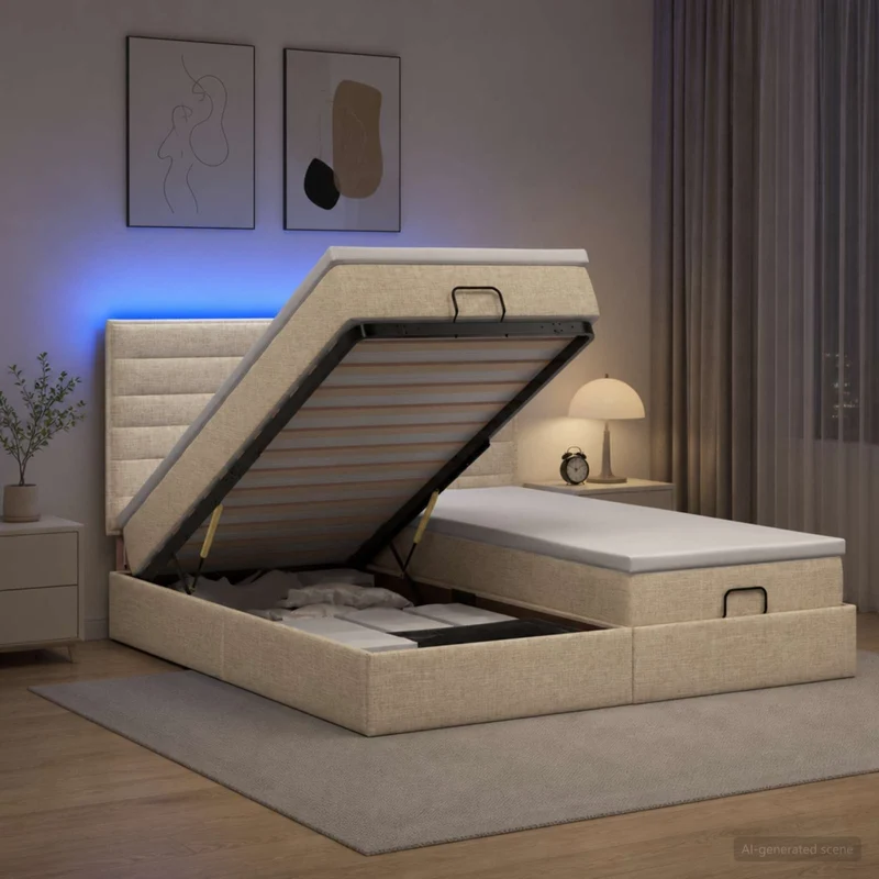Letto Ottomano con Materasso e LED Crema 160 x 200 cm Tessuto 3458414