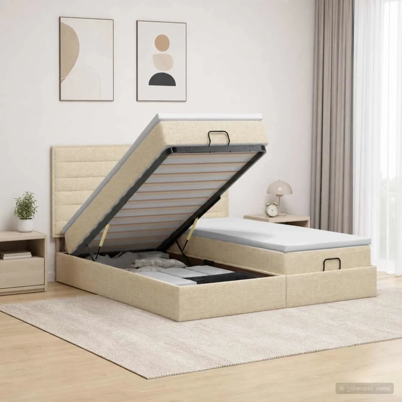 Letto Ottomano con Materasso e LED Crema 160 x 200 cm Tessuto 3458414