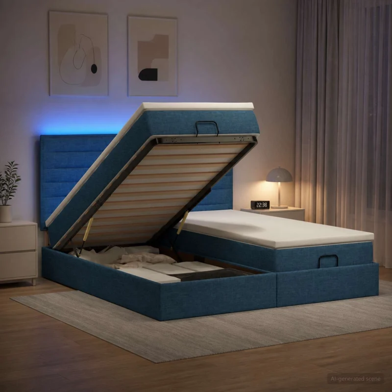 Letto Ottomano con Materasso e LED Blu 160 x 200 cm Tessuto 3458415