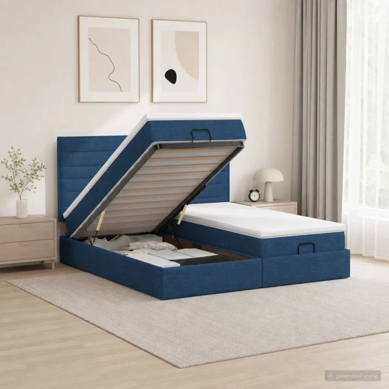Letto Ottomano con Materasso e LED Blu 160 x 200 cm Tessuto 3458415