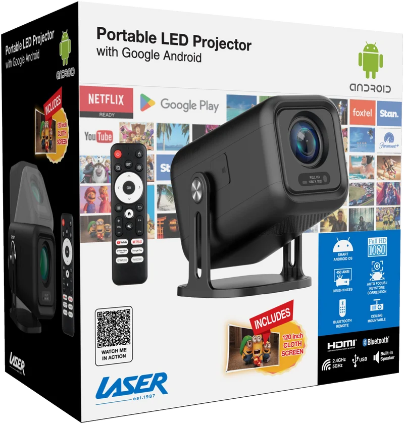 Laser 1080P Android 13 Smart Projector with auto focus Black
