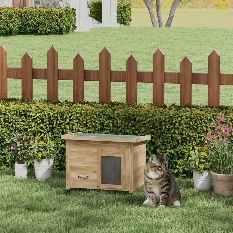 Casetta per Gatti in Legno da Esterno con Tetto in Asfalto; 57x45x43 cm; Naturale