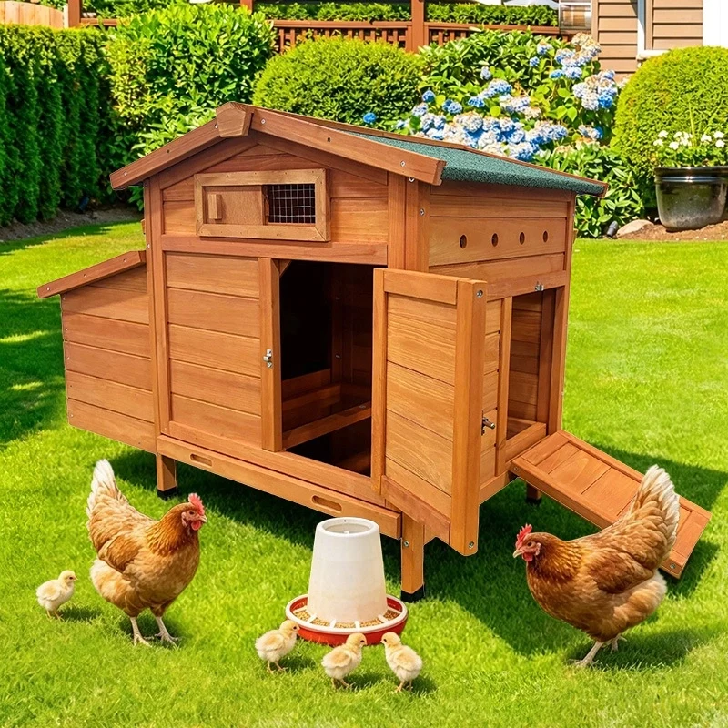 Pollaio da Giardino in Legno Naturale 104×60×71;5 cm; Ricovero Rialzato per Galline con Nido e Pulizia Facile