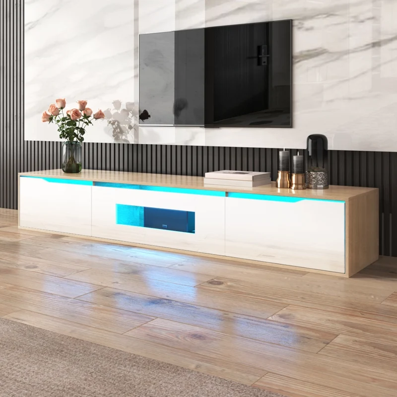 Mobile Porta TV 180 cm Bianco e Legno con LED 16 Colori e 4 Modalità di Illuminazione