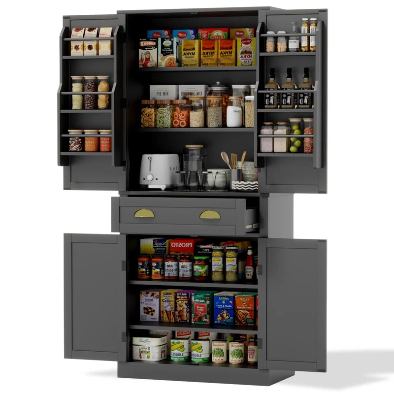 Mobile Dispensa 80x40x182 cm Nero con 4 Ante; 1 Cassetto; 4 Ripiani Regolabili e Portaoggetti