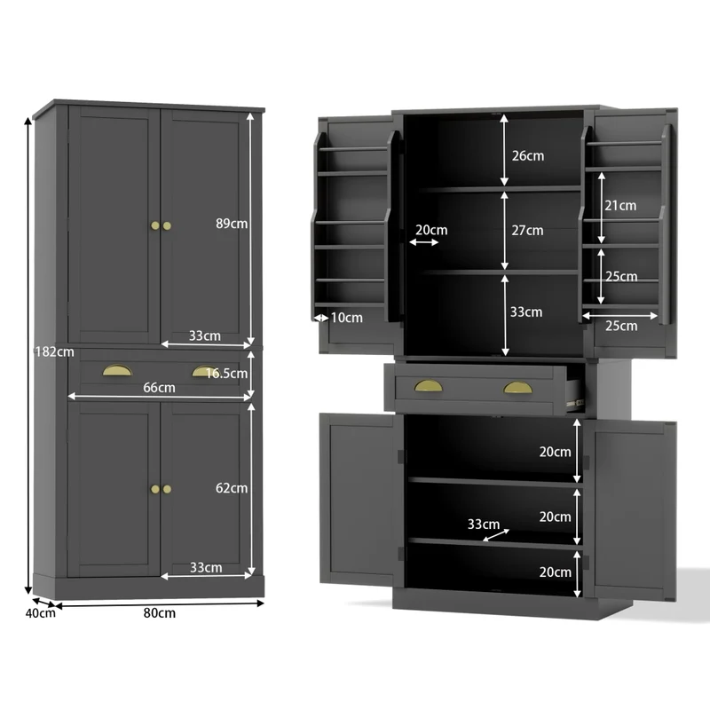 Mobile Dispensa 80x40x182 cm Nero con 4 Ante; 1 Cassetto; 4 Ripiani Regolabili e Portaoggetti