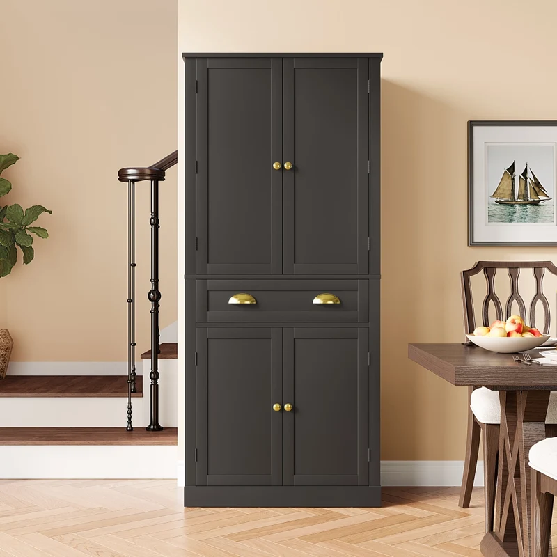 Mobile Dispensa 80x40x182 cm Nero con 4 Ante; 1 Cassetto; 4 Ripiani Regolabili e Portaoggetti