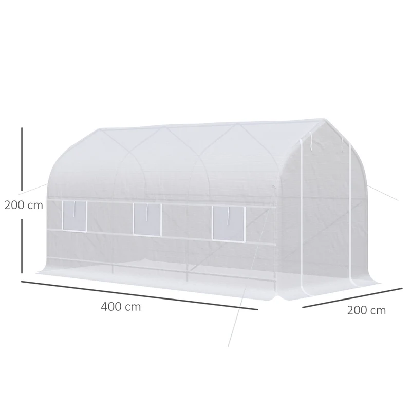 Serra a Tunnel Anti-UV 4x2x2 m con 6 Finestre a Rete e Ingresso Arrotolabile in Metallo e PE Bianco