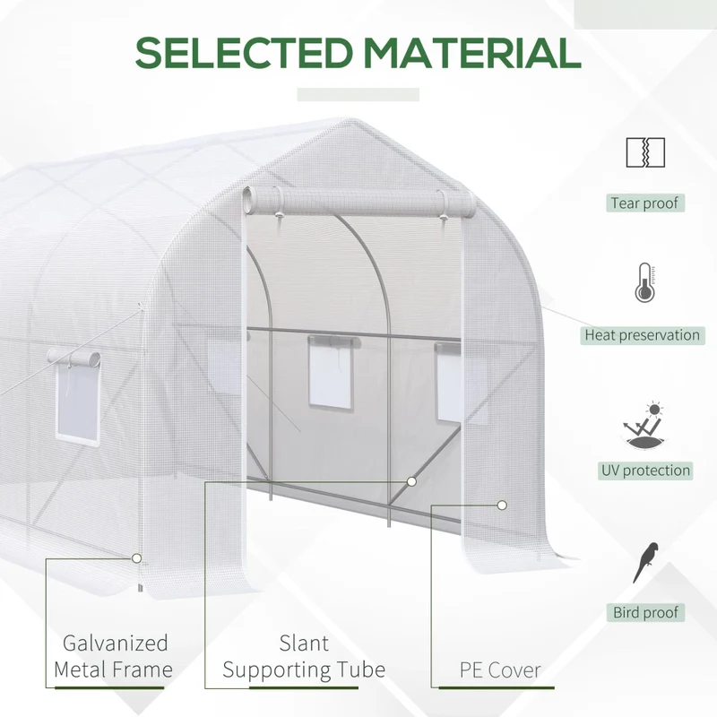 Serra a Tunnel Anti-UV 4x2x2 m con 6 Finestre a Rete e Ingresso Arrotolabile in Metallo e PE Bianco