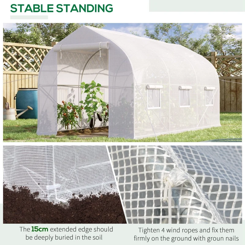 Serra a Tunnel Anti-UV 4x2x2 m con 6 Finestre a Rete e Ingresso Arrotolabile in Metallo e PE Bianco