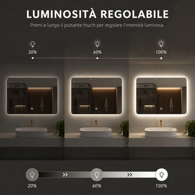 Specchio Rettangolare 70x50 cm con LED 3 Colori Dimmerabile Pulsante Touch