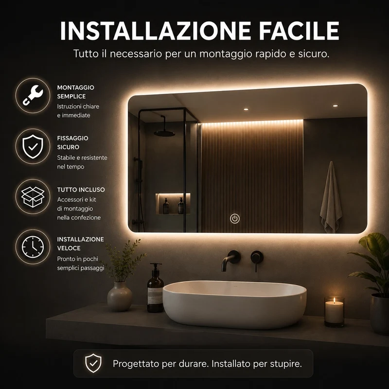 Specchio Rettangolare 70x50 cm con LED 3 Colori Dimmerabile Pulsante Touch