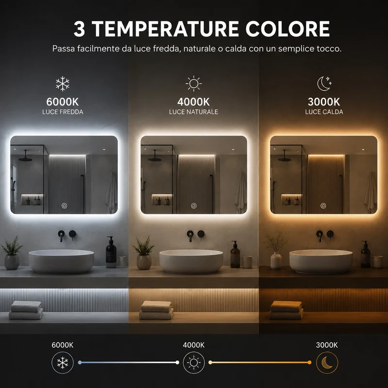 Specchio Rettangolare 70x50 cm con LED 3 Colori Dimmerabile Pulsante Touch