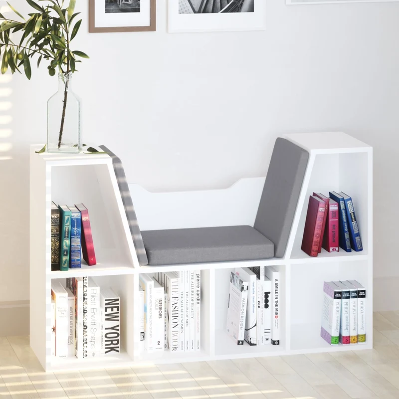 Mobile Libreria 102x30x61 cm a 6 Sezioni Seduta con Cuscini Morbidi in Legno Spugna e Poliestere Bianco