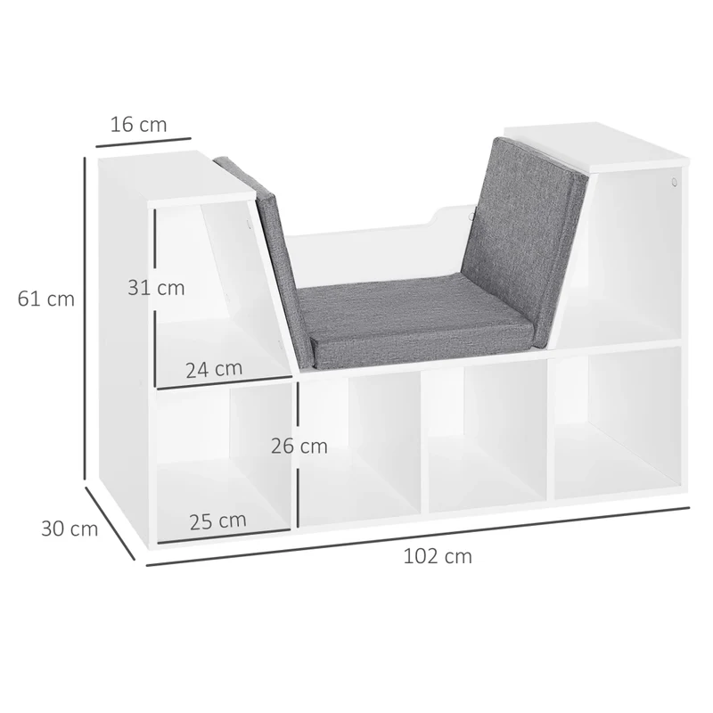 Mobile Libreria 102x30x61 cm a 6 Sezioni Seduta con Cuscini Morbidi in Legno Spugna e Poliestere Bianco