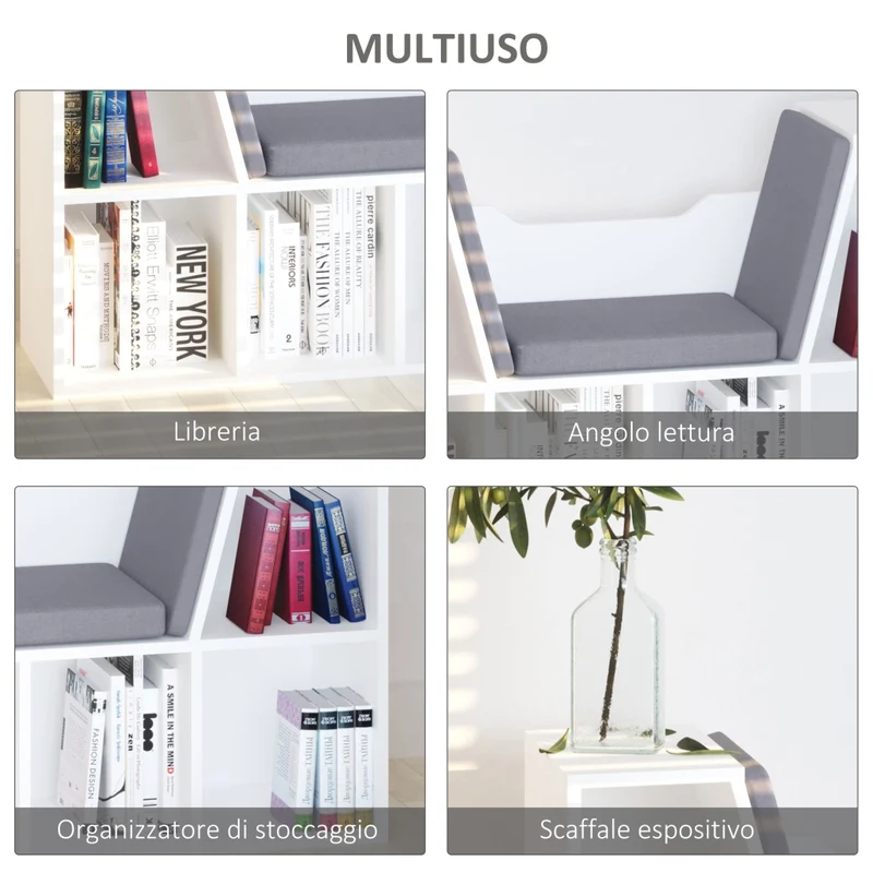 Mobile Libreria 102x30x61 cm a 6 Sezioni Seduta con Cuscini Morbidi in Legno Spugna e Poliestere Bianco