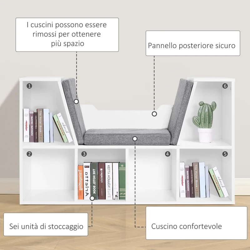 Mobile Libreria 102x30x61 cm a 6 Sezioni Seduta con Cuscini Morbidi in Legno Spugna e Poliestere Bianco