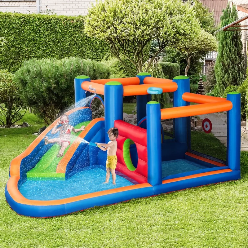 Castello Giostra Gonfiabile 380x340x170 cm con Scivolo Piscina e Pompa Multicolor
